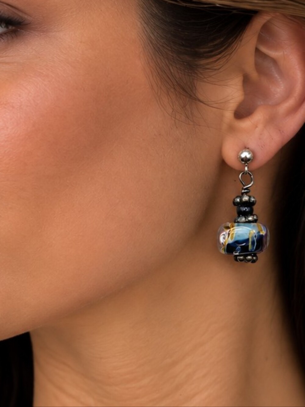 💎 Blue Black Lampwork Style Glass Bead Dangle Earrings Silver Tone Boho